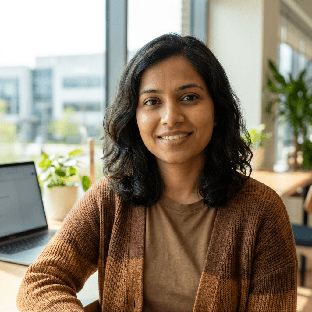 Female operations director in her mid 40s, South Asian, approachable in a warehouse office