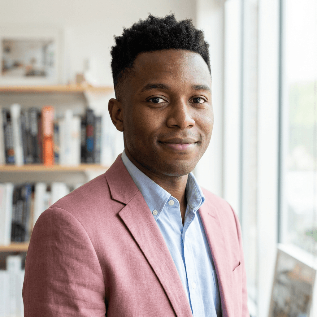 James Okafor in a casual shirt outside his shop