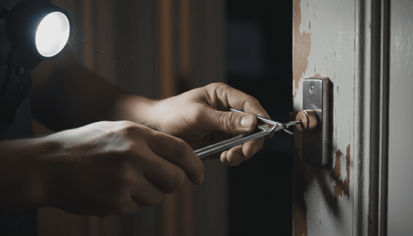 Locksmith picking a residential deadbolt lock