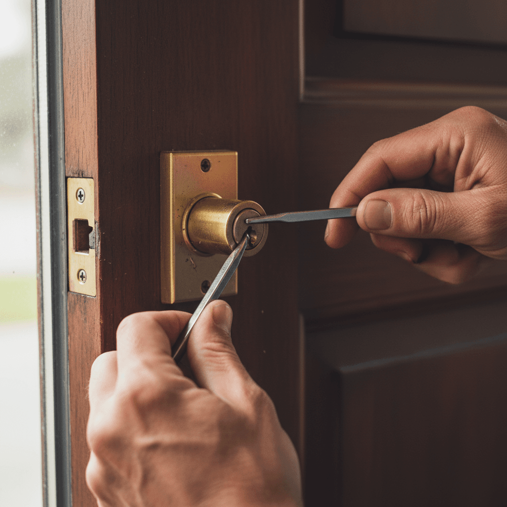Locksmith picking a residential deadbolt lock with precision tools