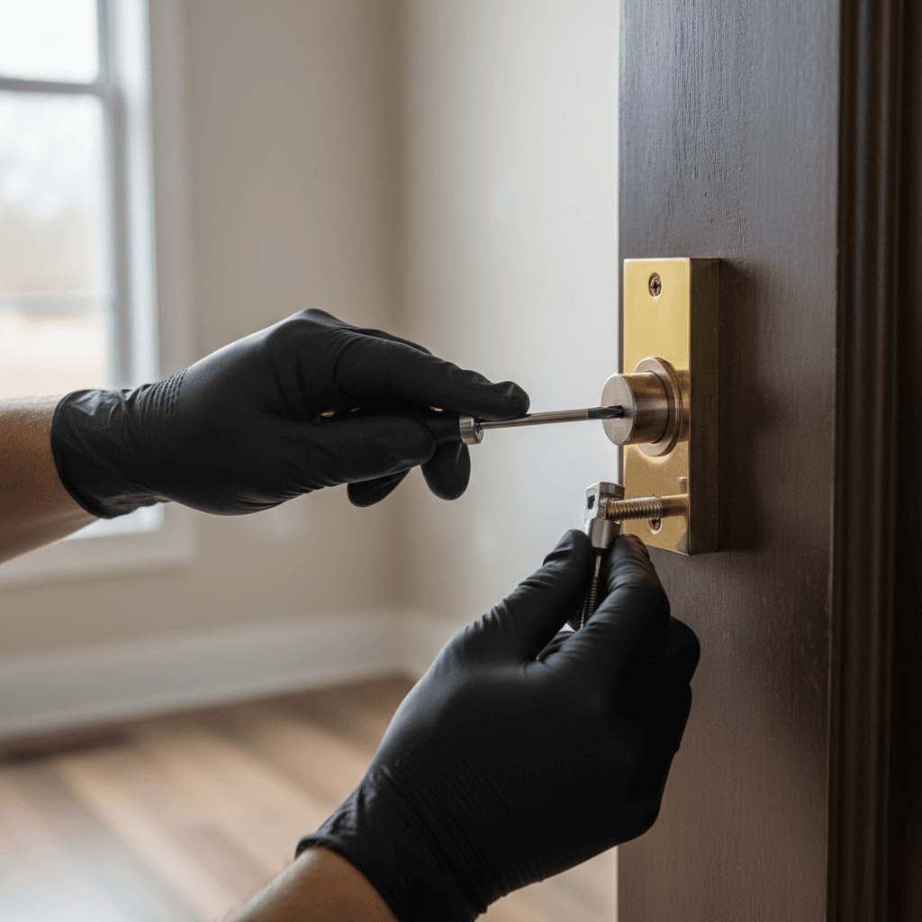 Technician installing a smart lock plate